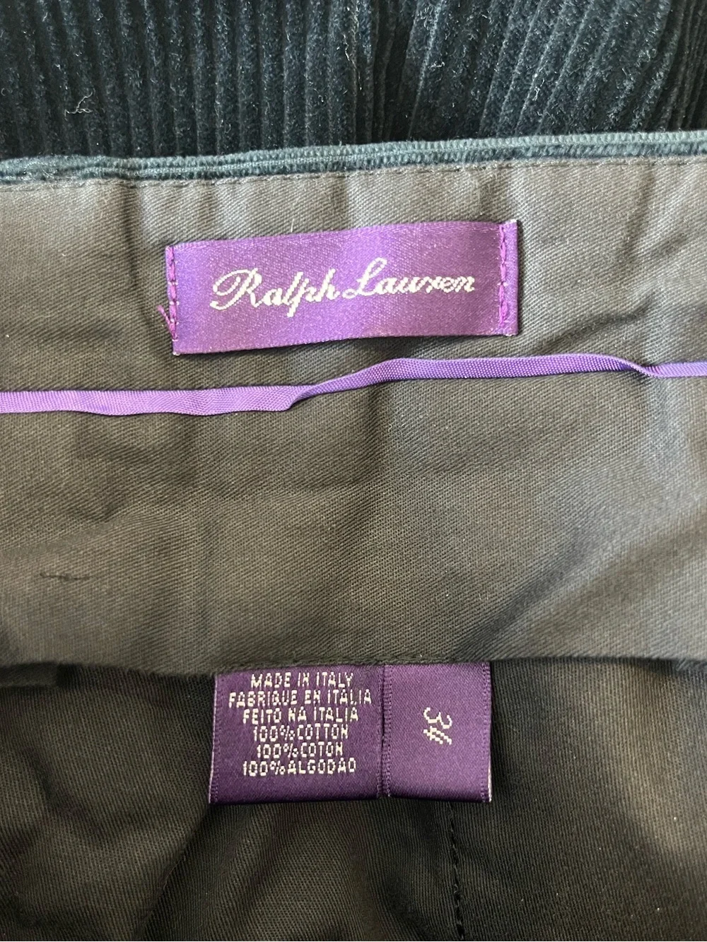 Ralph Lauren purple label Italy navy hem cuff Corduroy Pants men’s size 34